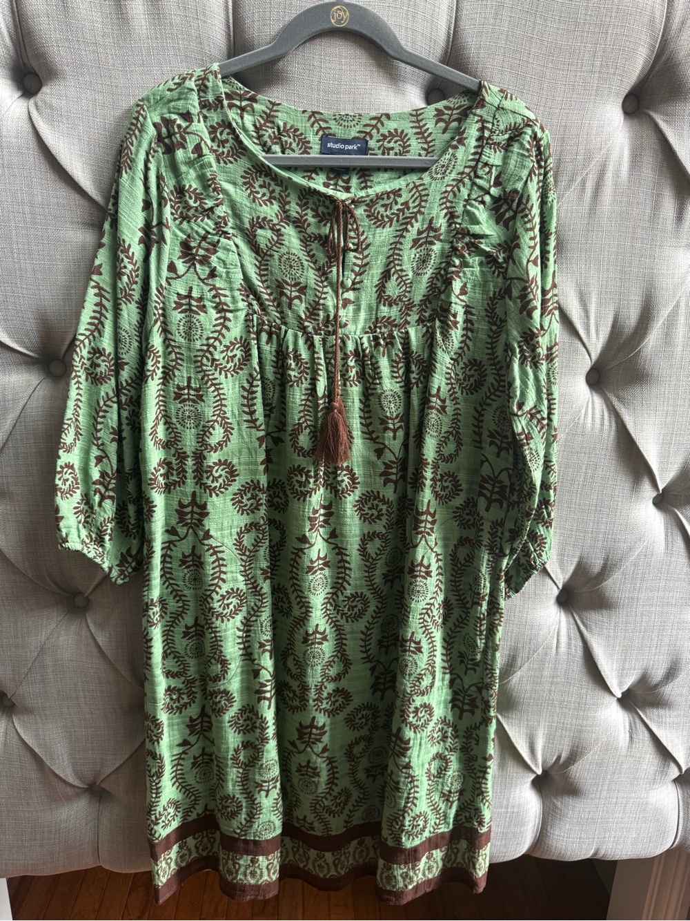 Studio Park Green Printed Long Sleeve Midi Dress with Brown Accents